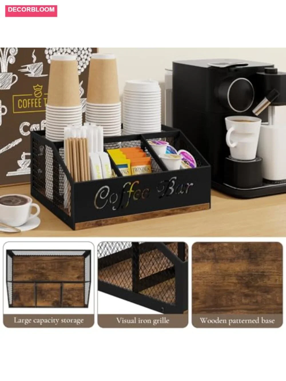 Coffee Station Organizer Countertop Wood & Metal Mesh Storage